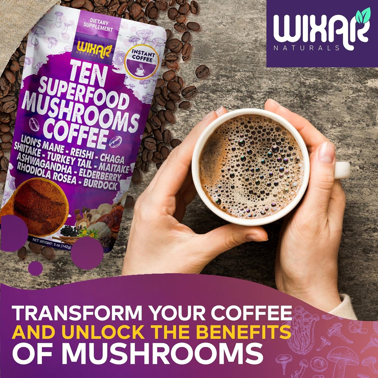 WIXAR Superfood Mushroom Coffee - Instant Coffee Powder, Ten Superfood Extracts with Lion'S Mane, Turkey Tail, Reishi, Chaga, Shiitake, Ashwagandha, Rhodiola Rosea, Elderberry, 5Oz Mushroom Supplement