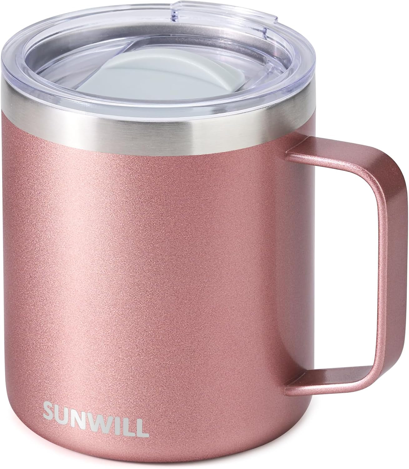 SUNWILL Coffee Mug with Handle, 14Oz Insulated Stainless Steel Coffee Travel Mug, Double Wall Vacuum Reusable Coffee Cup with Lid, Rose Gold - Best Coffee and Brew