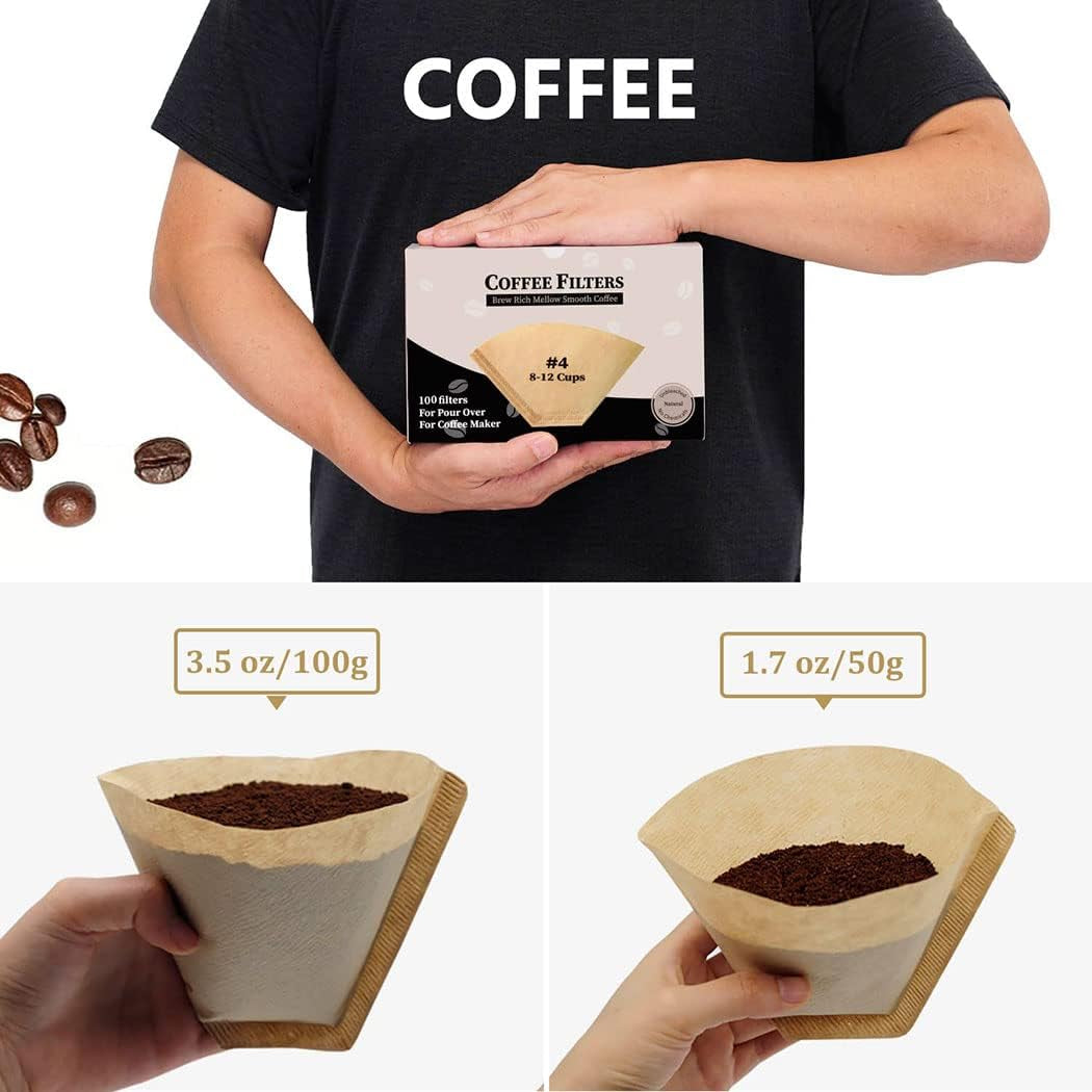 #4 Cone Coffee Filter 8-12 Cup, Unbleached Natural Paper, No Blowout, Disposable, 100 Count - Best Coffee and Brew