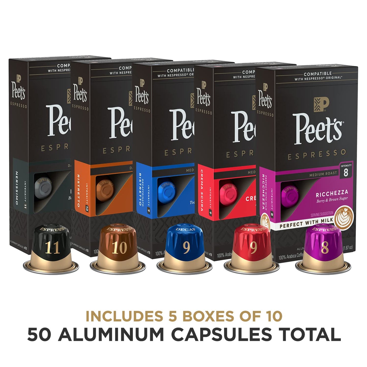 Peet'S Coffee, Espresso Coffee Pods Variety Pack, Dark, Medium & Decaf Roasts, Intensity 8-10, 50 Count (5 Boxes of 10 Espresso Capsules) - Best Coffee and Brew