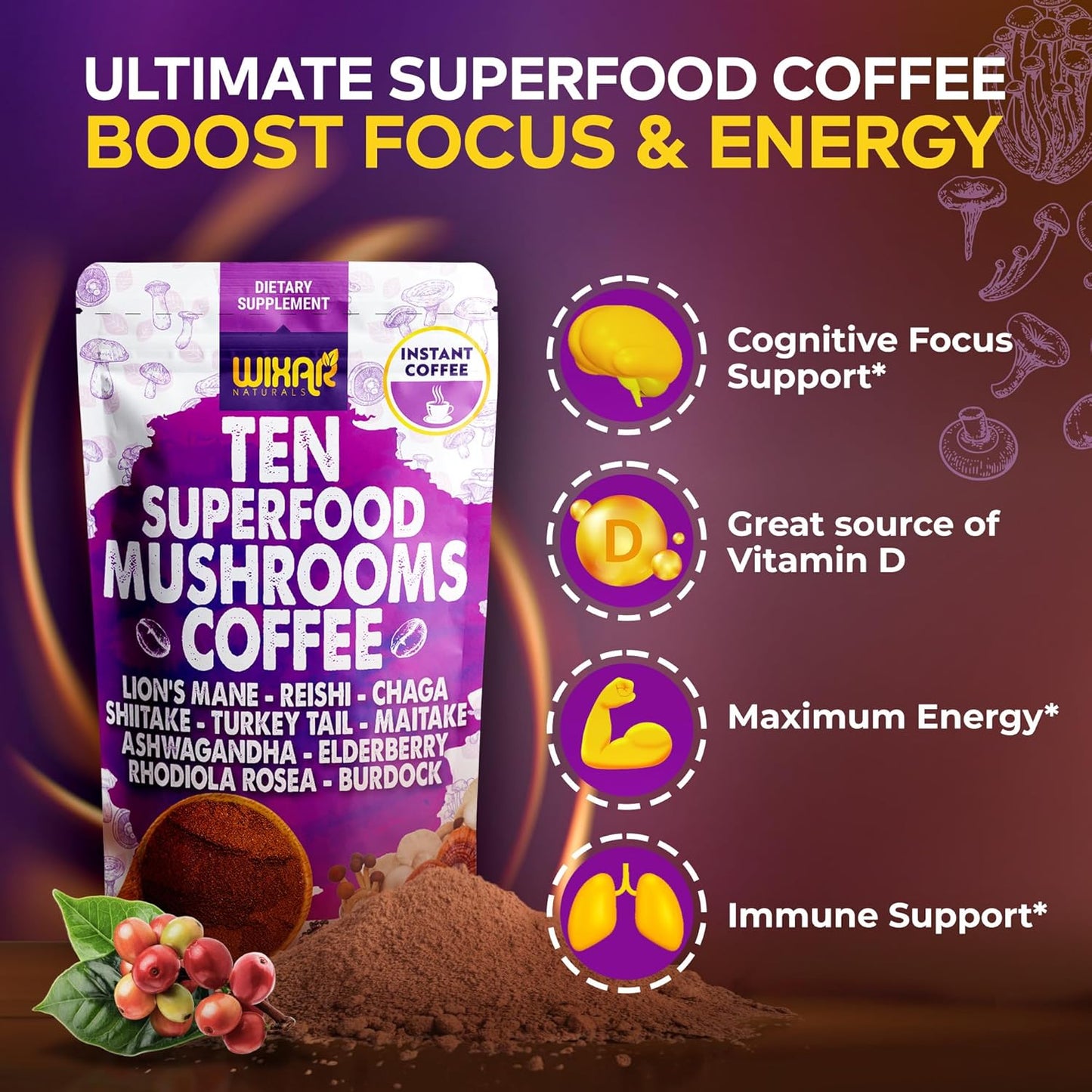 WIXAR Superfood Mushroom Coffee - Instant Coffee Powder, Ten Superfood Extracts with Lion'S Mane, Turkey Tail, Reishi, Chaga, Shiitake, Ashwagandha, Rhodiola Rosea, Elderberry, 5Oz Mushroom Supplement
