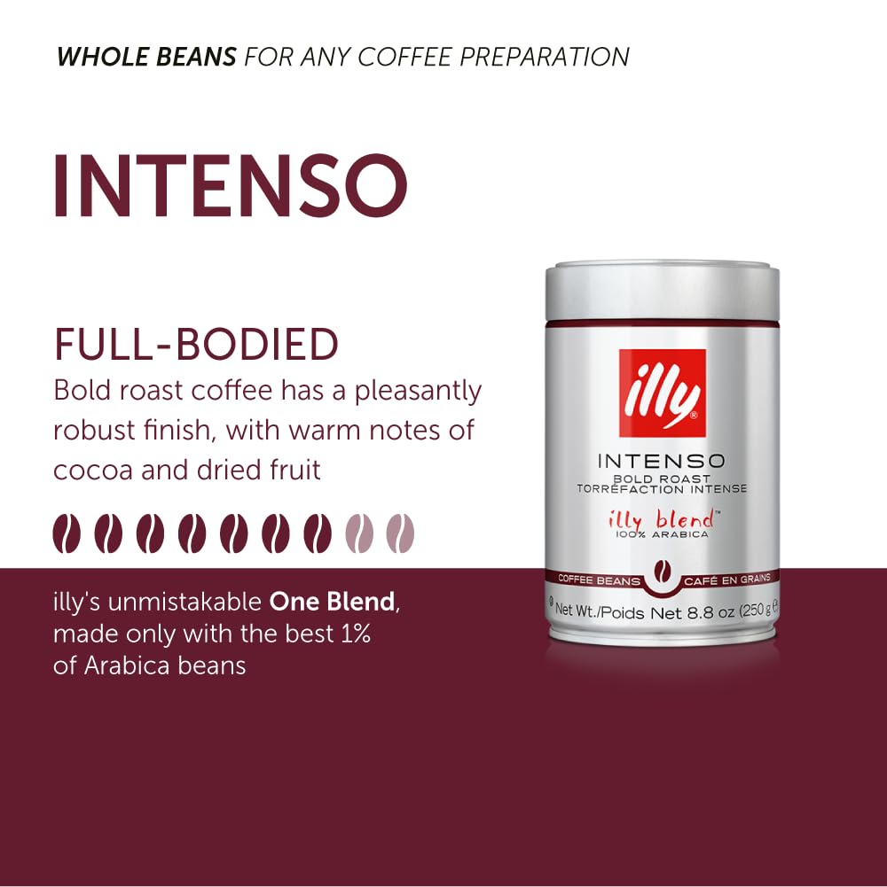 Illy Intenso Whole Bean Coffee, Dark Roast, Intense, Robust and Full Flavored with Notes of Deep Cocoa - Best Coffee and Brew