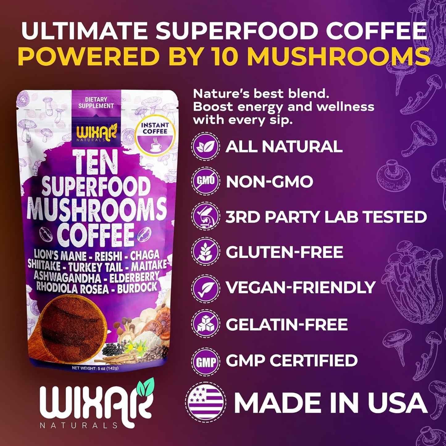 WIXAR Superfood Mushroom Coffee - Instant Coffee Powder, Ten Superfood Extracts with Lion'S Mane, Turkey Tail, Reishi, Chaga, Shiitake, Ashwagandha, Rhodiola Rosea, Elderberry, 5Oz Mushroom Supplement