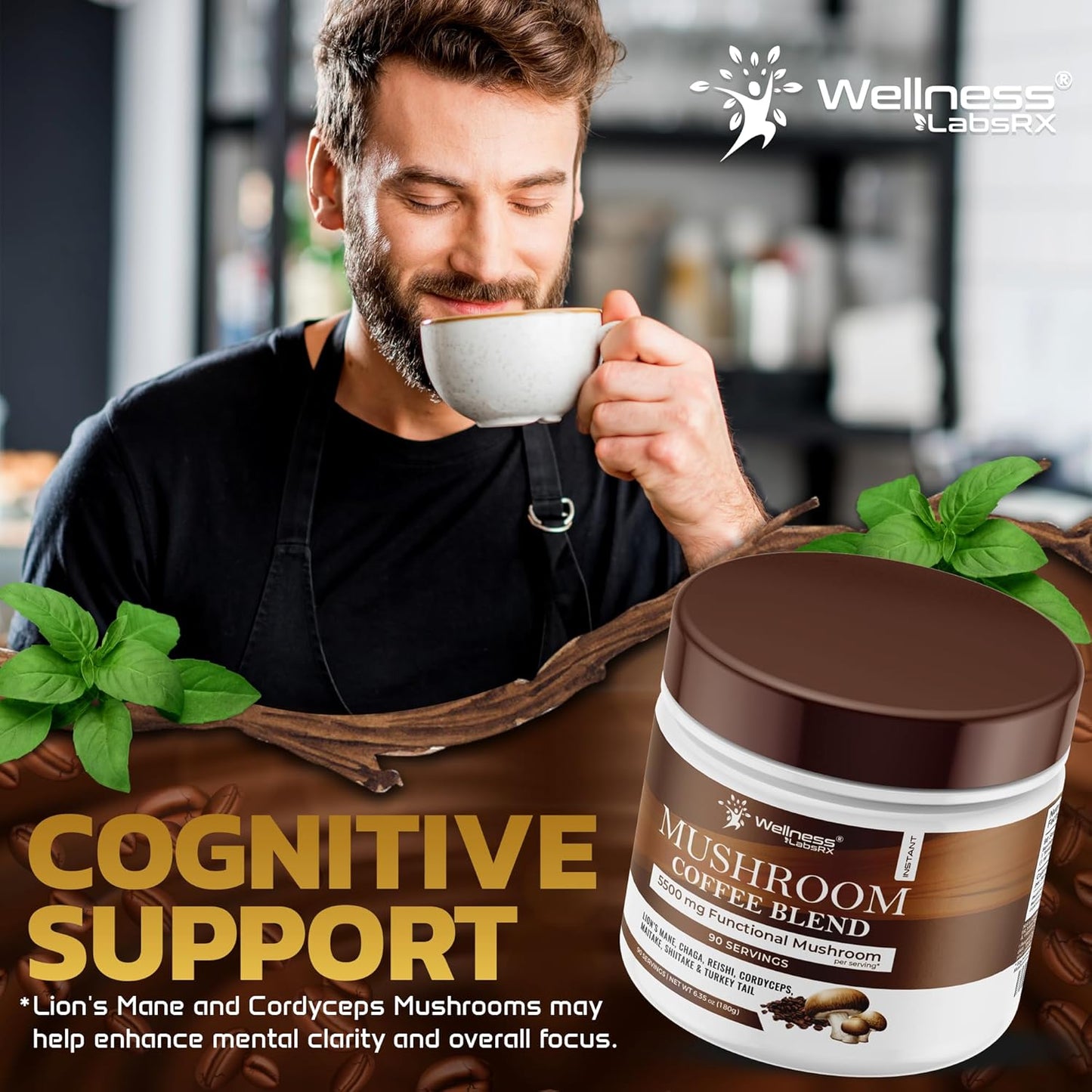 Mushroom Coffee, 90 Servings Organic Mushrooms Instant Coffea, Great Tasting Colombian Keto Coffee, 7 Superfood Mishrooms Lions Mane, Chaga, Reishi, Cordyceps, Maitake, Shiitake, and Turkey Tail