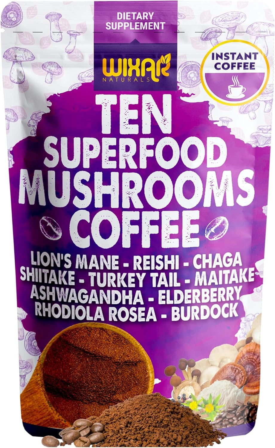 WIXAR Superfood Mushroom Coffee - Instant Coffee Powder, Ten Superfood Extracts with Lion'S Mane, Turkey Tail, Reishi, Chaga, Shiitake, Ashwagandha, Rhodiola Rosea, Elderberry, 5Oz Mushroom Supplement