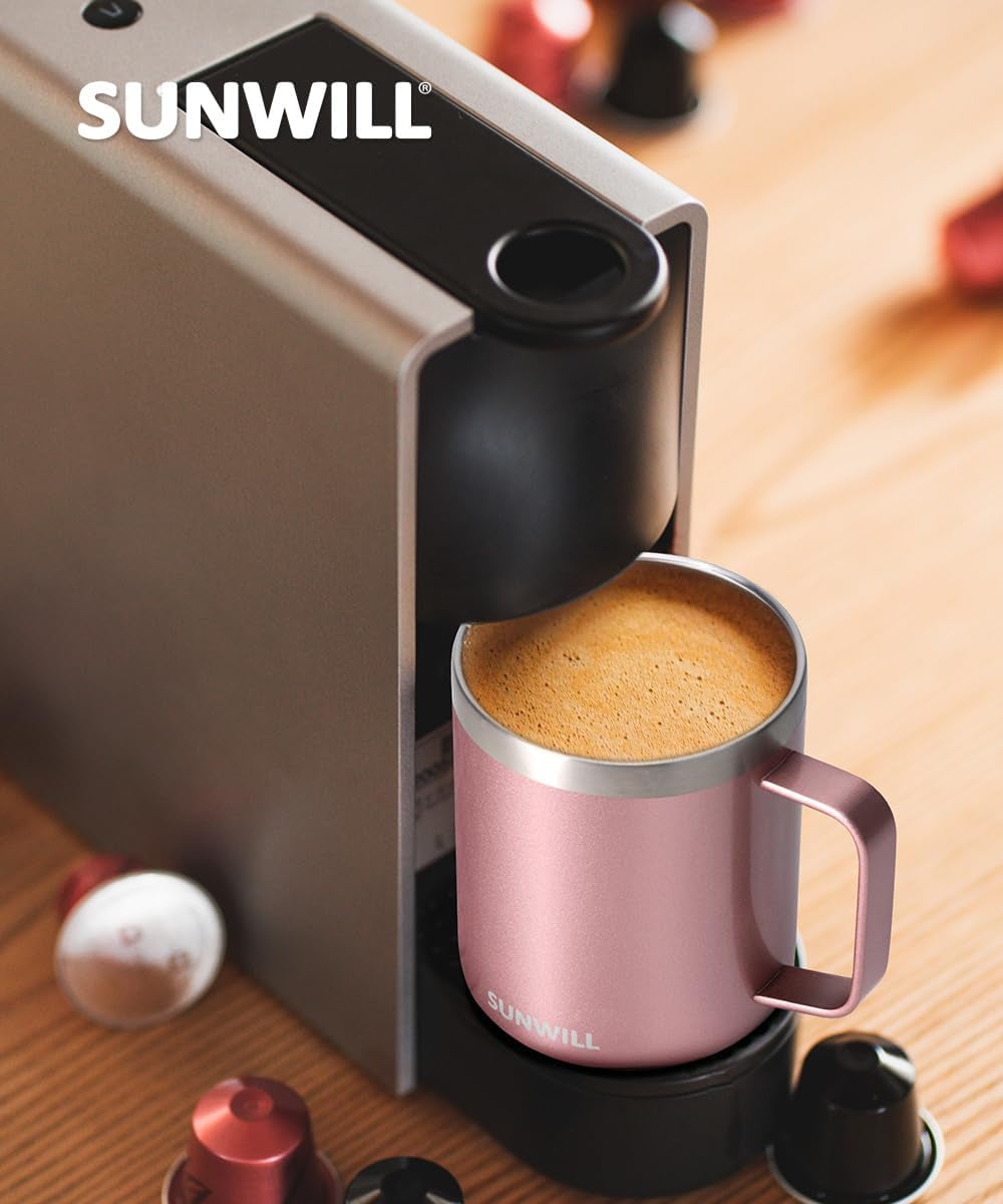 SUNWILL Coffee Mug with Handle, 14Oz Insulated Stainless Steel Coffee Travel Mug, Double Wall Vacuum Reusable Coffee Cup with Lid, Rose Gold - Best Coffee and Brew