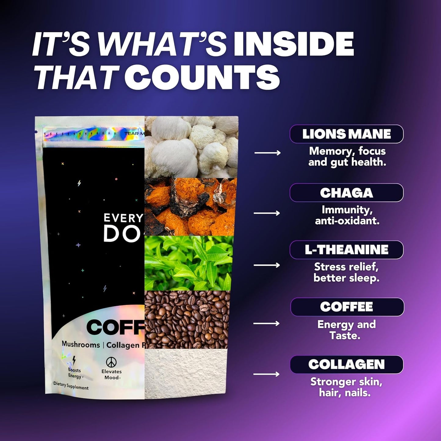 The Mushroom Coffee by Everyday Dose Premium Coffee Extract with Grass-Fed Collagen, Chaga, Lions Mane & L-Theanine for Better Focus, Energy, Digestion and Immunity 30 Servings of Mushroom Coffee - Best Coffee and Brew