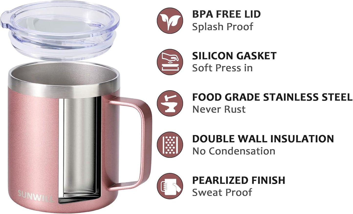 SUNWILL Coffee Mug with Handle, 14Oz Insulated Stainless Steel Coffee Travel Mug, Double Wall Vacuum Reusable Coffee Cup with Lid, Rose Gold - Best Coffee and Brew