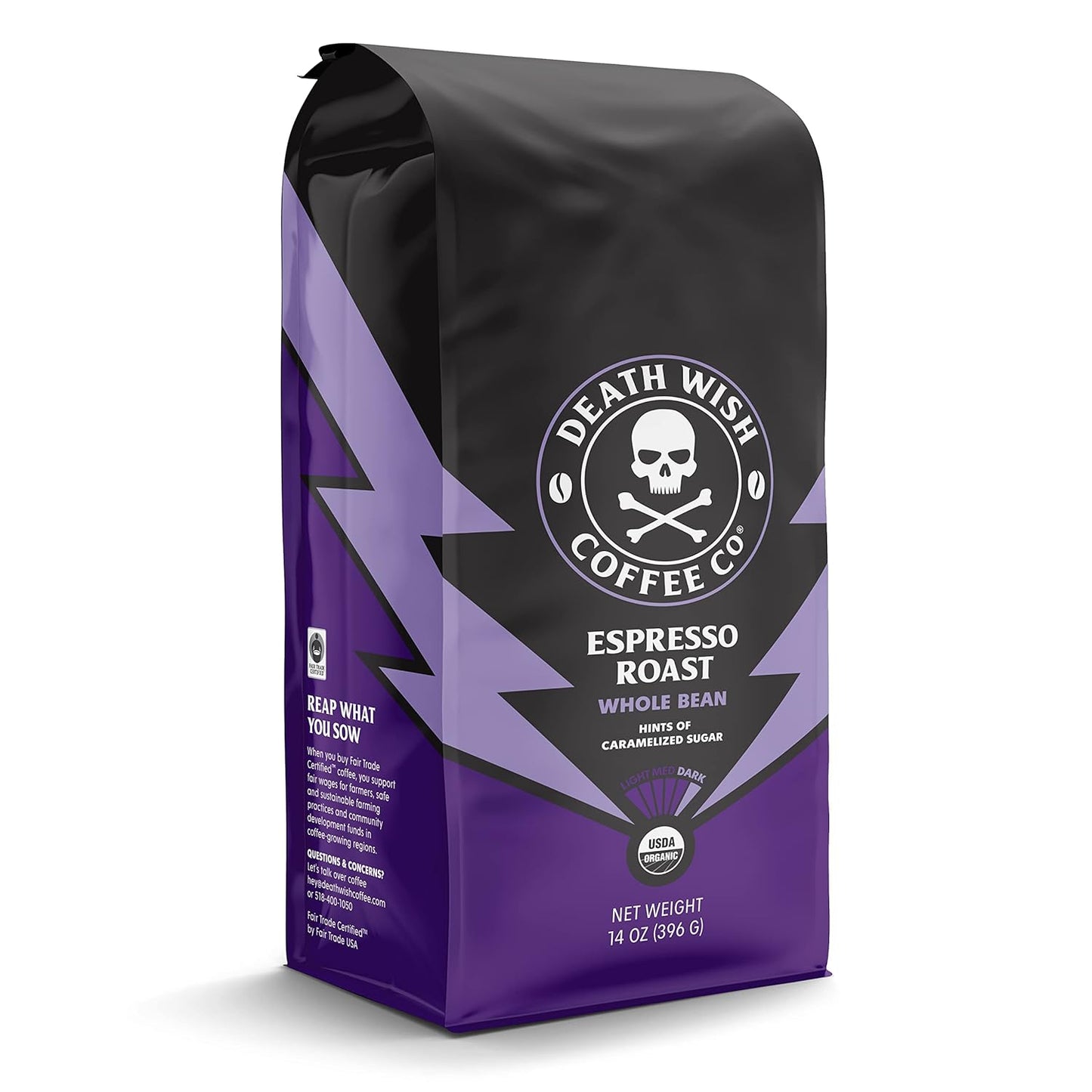 Death Wish Coffee Co. Whole Bean Espresso Roast - Extra Kick of Caffeine - Organic, Fair Trade, Arabica and Robusta Coffee Beans, 14 Ounce (Pack of 1) - Best Coffee and Brew