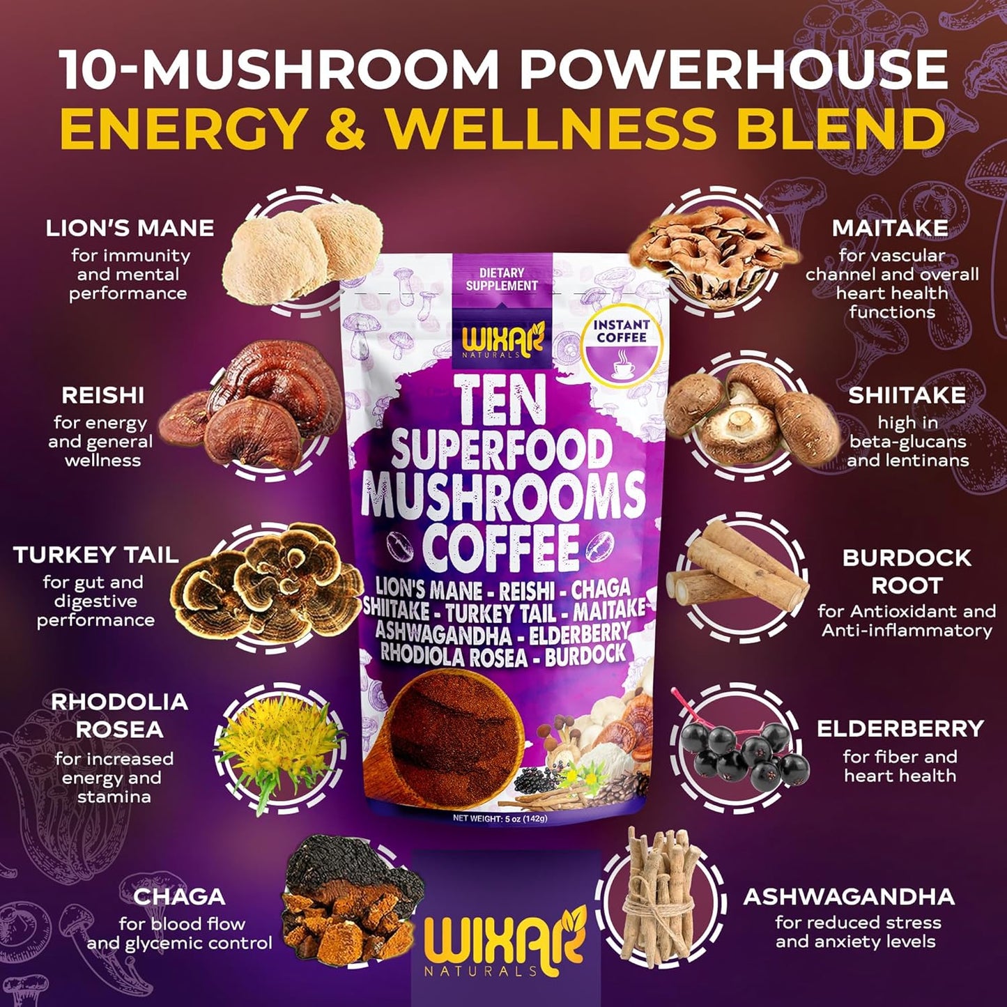 WIXAR Superfood Mushroom Coffee - Instant Coffee Powder, Ten Superfood Extracts with Lion'S Mane, Turkey Tail, Reishi, Chaga, Shiitake, Ashwagandha, Rhodiola Rosea, Elderberry, 5Oz Mushroom Supplement