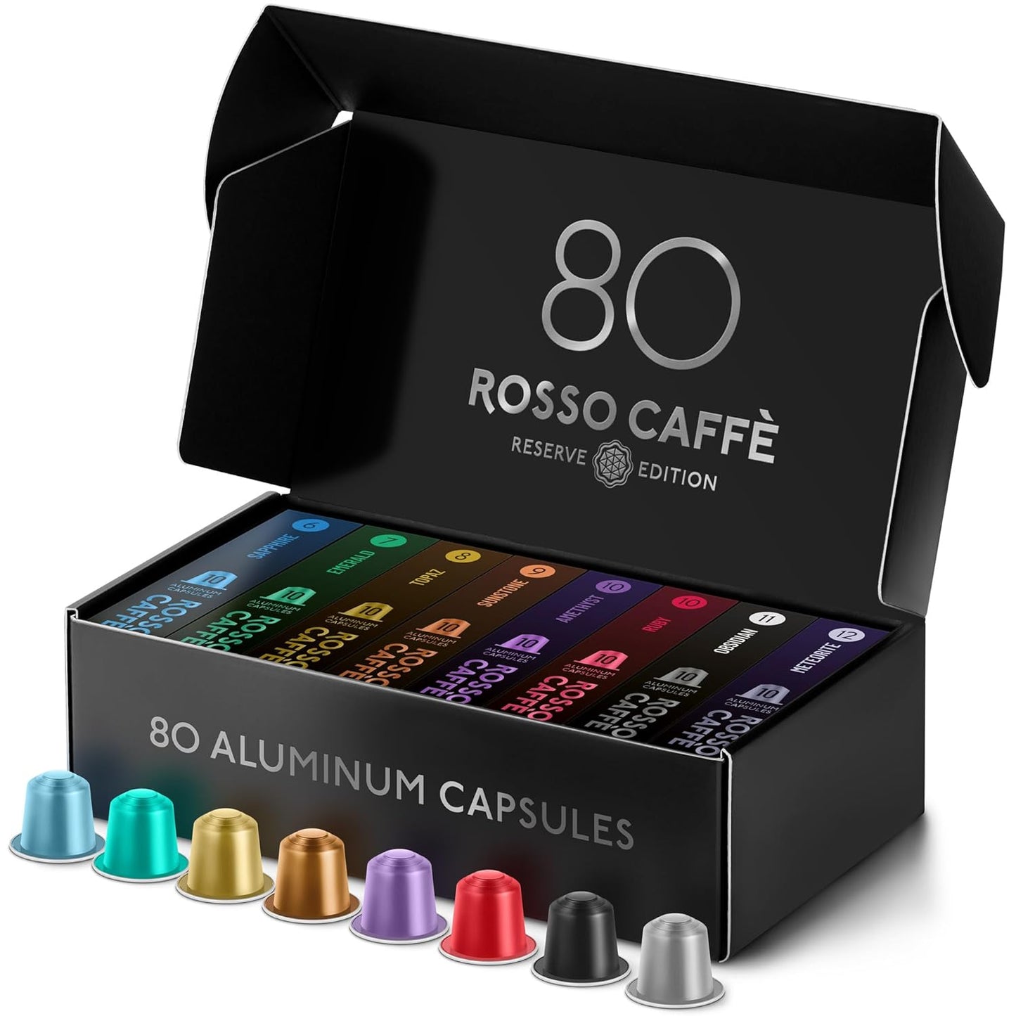 ROSSO CAFFE Espresso Coffee Pods, Compatible with Nespresso Original Machines, Reserve Variety Pack, 80 Capsules - Made in Italy - Best Coffee and Brew