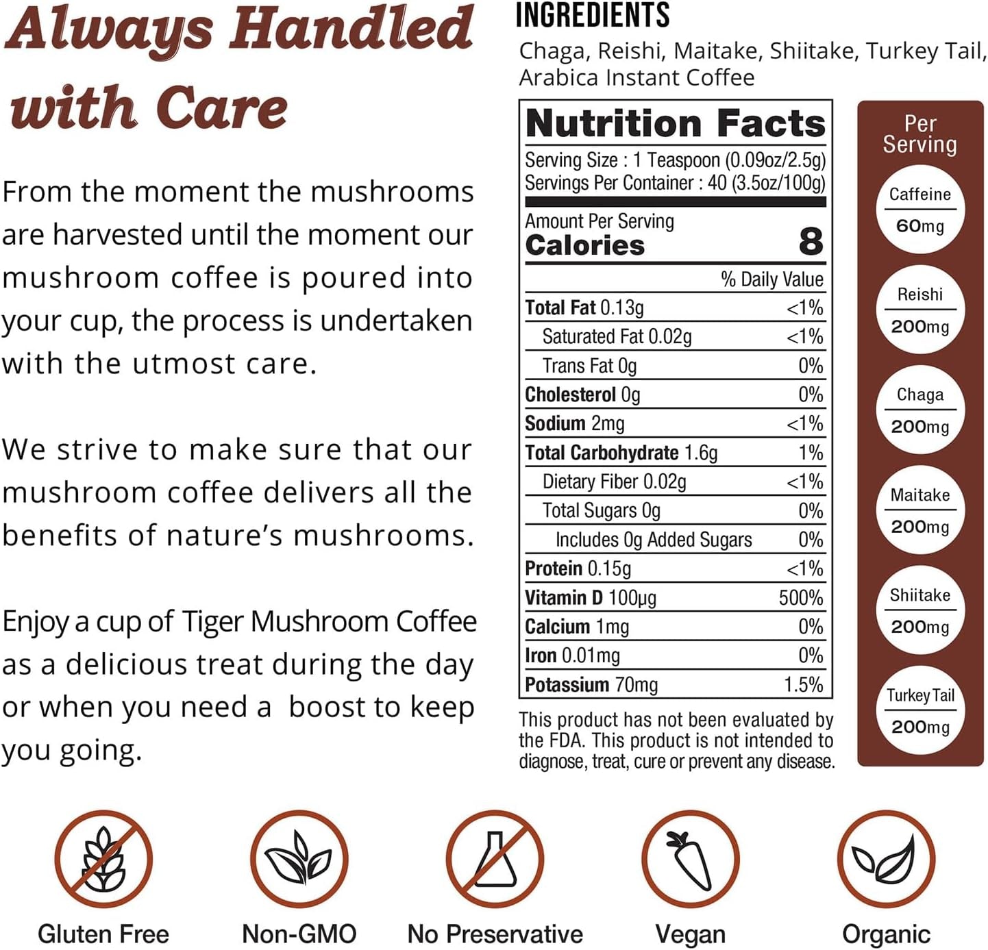 Tiger Organic 5 Mushroom Instant Coffee with 100% Powerful Natural Ingredients | Reishi, Maitake, Shiitake, Chaga & Turkey Tail - Immune System Booster | Gluten-Free, Vegan, Dairy Free - Best Coffee and Brew