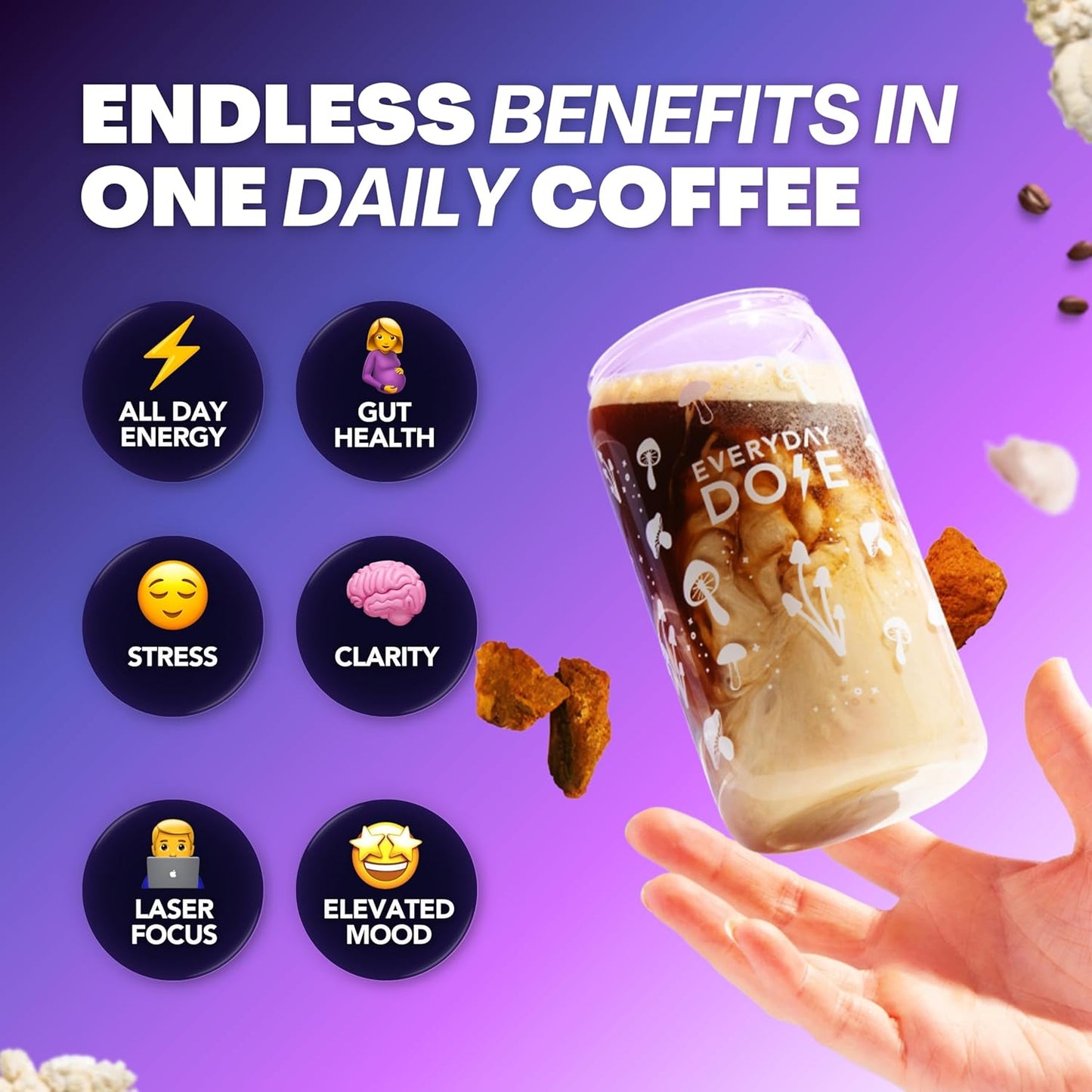 The Mushroom Coffee by Everyday Dose Premium Coffee Extract with Grass-Fed Collagen, Chaga, Lions Mane & L-Theanine for Better Focus, Energy, Digestion and Immunity 30 Servings of Mushroom Coffee - Best Coffee and Brew