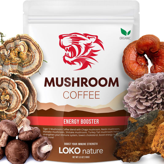 Tiger Organic 5 Mushroom Instant Coffee with 100% Powerful Natural Ingredients | Reishi, Maitake, Shiitake, Chaga & Turkey Tail - Immune System Booster | Gluten-Free, Vegan, Dairy Free - Best Coffee and Brew