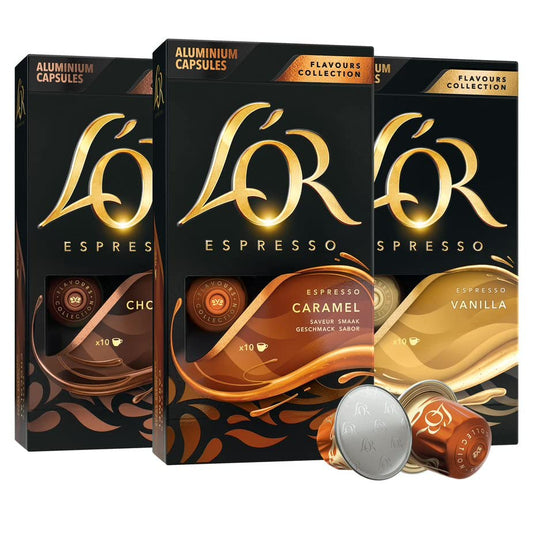 L'OR Espresso Capsules, 30 Count Variety Pack Vanilla/Chocolate/Caramel - Best Coffee and Brew